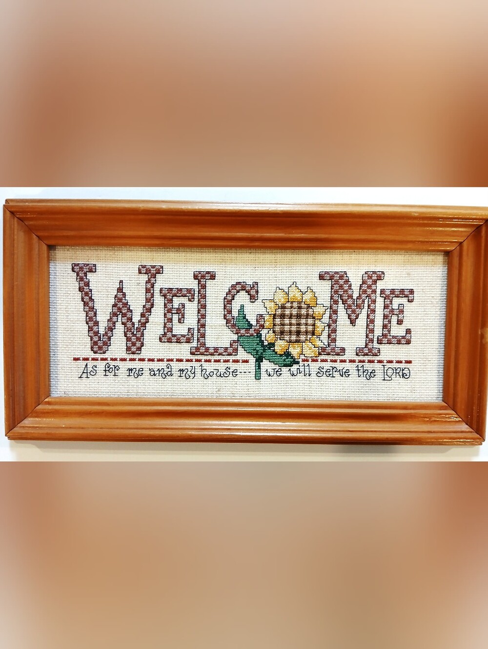 Framed Cross-Stitch "WELCOME" with Sunflower